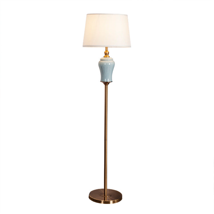 Traditional Chinese Ceramic Copper Fabric Column 1-Light Standing Floor Lamp For Living Room And Bedroom