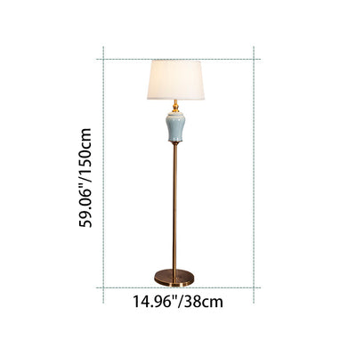Traditional Chinese Ceramic Copper Fabric Column 1-Light Standing Floor Lamp For Living Room And Bedroom