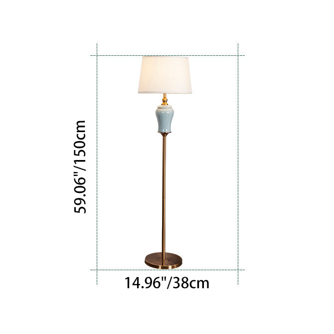 Traditional Chinese Ceramic Copper Fabric Column 1-Light Standing Floor Lamp For Living Room And Bedroom