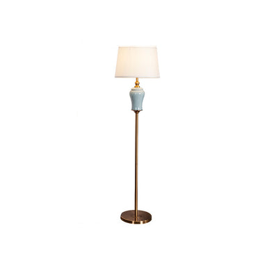 Traditional Chinese Ceramic Copper Fabric Column 1-Light Standing Floor Lamp For Living Room And Bedroom