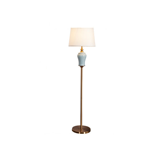Traditional Chinese Ceramic Copper Fabric Column 1-Light Standing Floor Lamp For Living Room And Bedroom