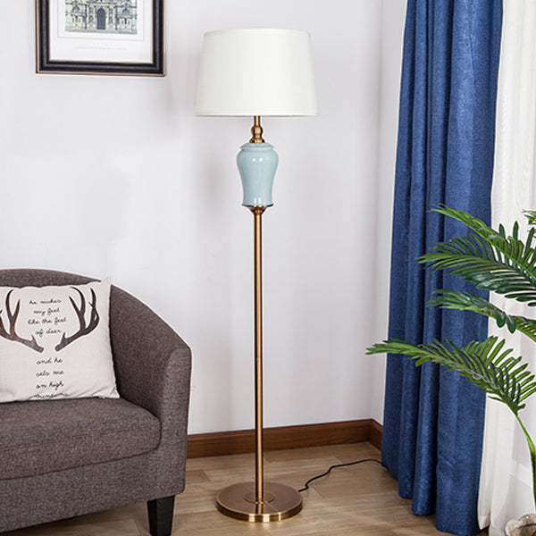Traditional Chinese Ceramic Copper Fabric Column 1-Light Standing Floor Lamp For Living Room And Bedroom
