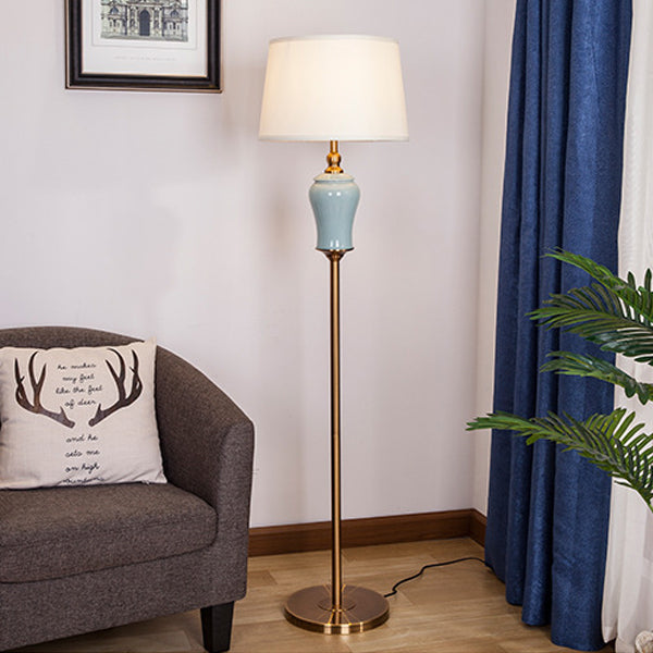 Traditional Chinese Ceramic Copper Fabric Column 1-Light Standing Floor Lamp For Living Room And Bedroom