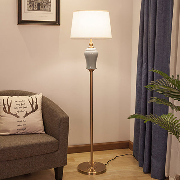 Traditional Chinese Ceramic Copper Fabric Column 1-Light Standing Floor Lamp For Living Room And Bedroom