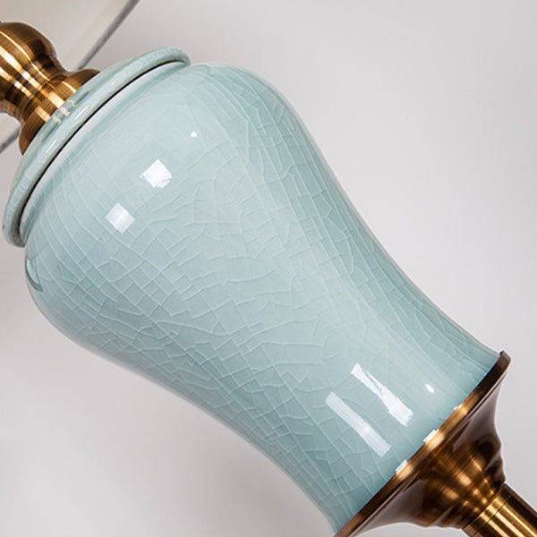 Traditional Chinese Ceramic Copper Fabric Column 1-Light Standing Floor Lamp For Living Room And Bedroom