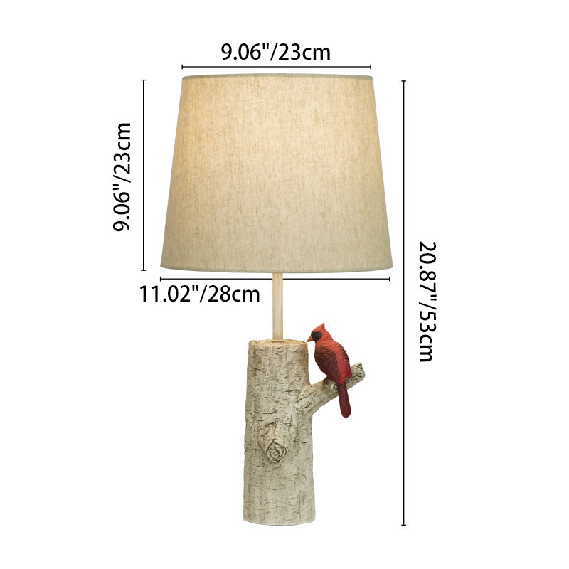 Lampe de table 1-lumière en résine et tissu vintage traditionnel avec colonne, branche, oiseau rouge et grue blanche pour chambre et salon 