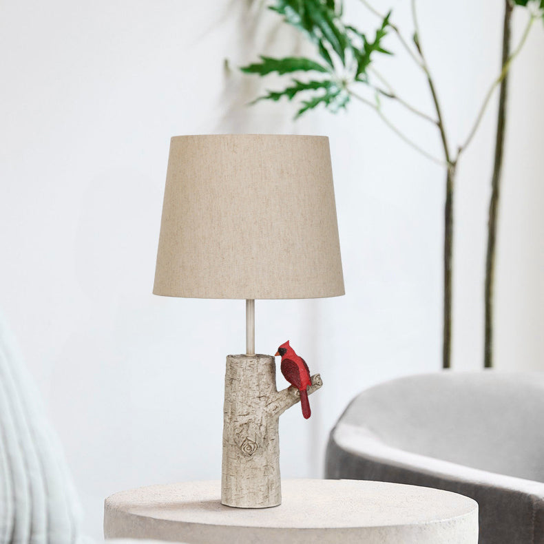 Lampe de table 1-lumière en résine et tissu vintage traditionnel avec colonne, branche, oiseau rouge et grue blanche pour chambre et salon 