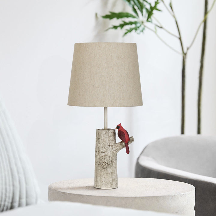 Lampe de table 1-lumière en résine et tissu vintage traditionnel avec colonne, branche, oiseau rouge et grue blanche pour chambre et salon 