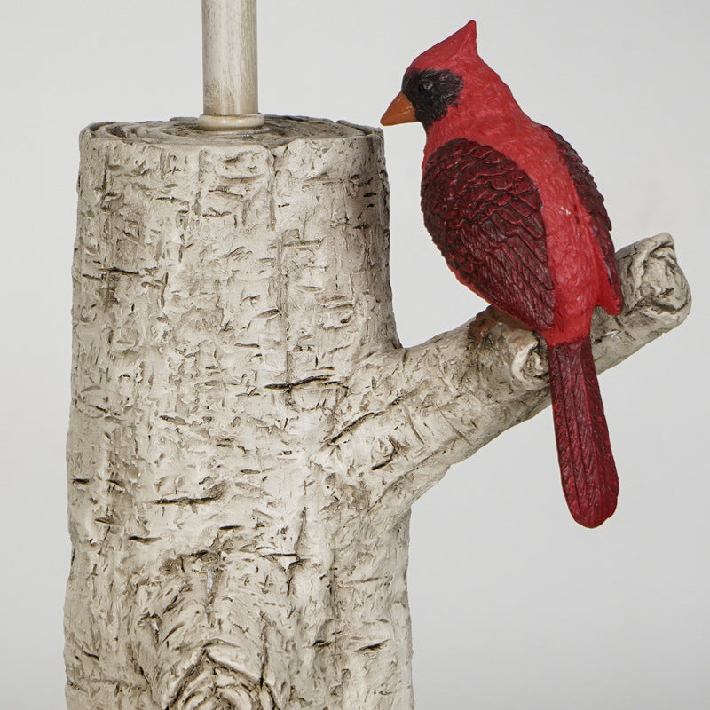 Lampe de table 1-lumière en résine et tissu vintage traditionnel avec colonne, branche, oiseau rouge et grue blanche pour chambre et salon 