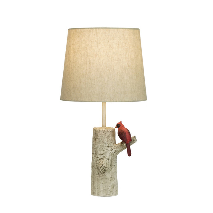 Lampe de table 1-lumière en résine et tissu vintage traditionnel avec colonne, branche, oiseau rouge et grue blanche pour chambre et salon 