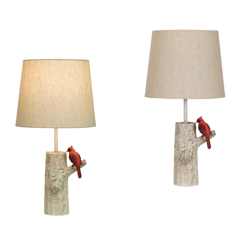 Lampe de table 1-lumière en résine et tissu vintage traditionnel avec colonne, branche, oiseau rouge et grue blanche pour chambre et salon 