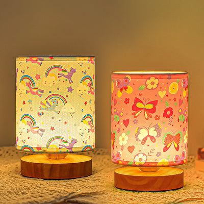 Contemporary Creative Kids USB Wood & Fabric Cartoon Pattern Column Table Lamp Night Light For Bedside