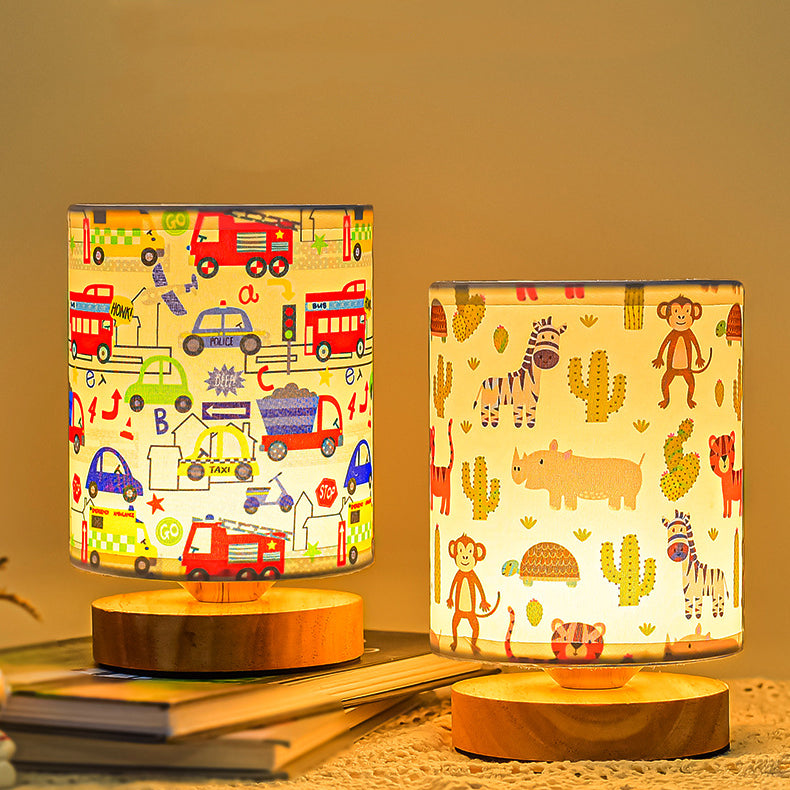 Contemporary Creative Kids USB Wood & Fabric Cartoon Pattern Column Table Lamp Night Light For Bedside