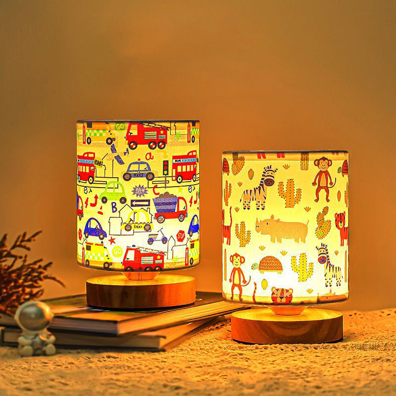 Contemporary Creative Kids USB Wood & Fabric Cartoon Pattern Column Table Lamp Night Light For Bedside
