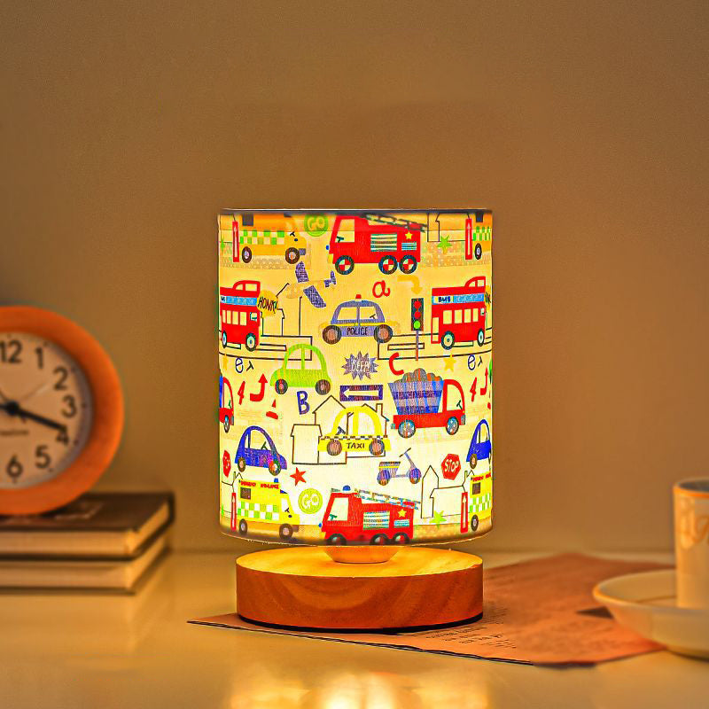 Contemporary Creative Kids USB Wood & Fabric Cartoon Pattern Column Table Lamp Night Light For Bedside
