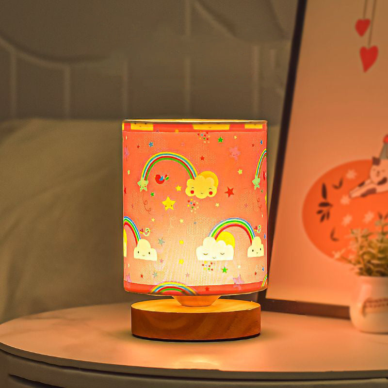 Contemporary Creative Kids USB Wood & Fabric Cartoon Pattern Column Table Lamp Night Light For Bedside