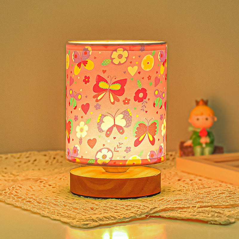 Contemporary Creative Kids USB Wood & Fabric Cartoon Pattern Column Table Lamp Night Light For Bedside