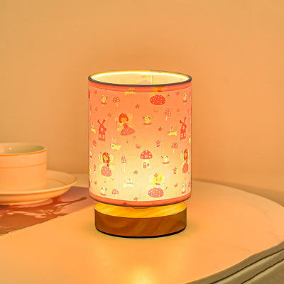 Contemporary Creative Kids USB Wood & Fabric Cartoon Pattern Column Table Lamp Night Light For Bedside