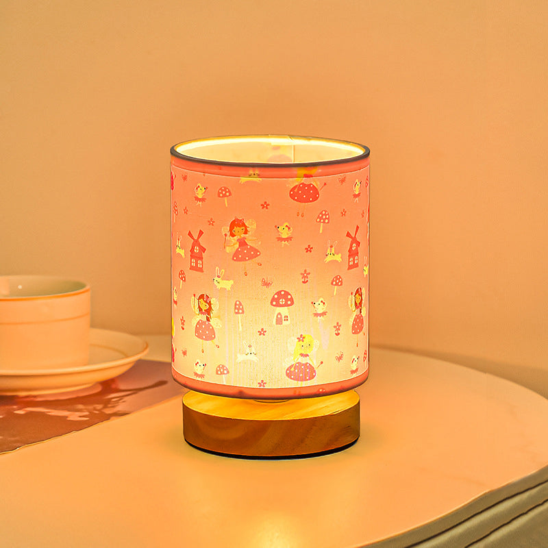 Contemporary Creative Kids USB Wood & Fabric Cartoon Pattern Column Table Lamp Night Light For Bedside
