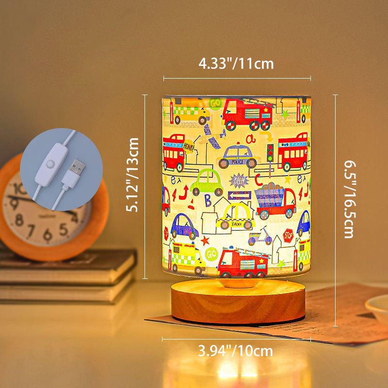 Contemporary Creative Kids USB Wood & Fabric Cartoon Pattern Column Table Lamp Night Light For Bedside