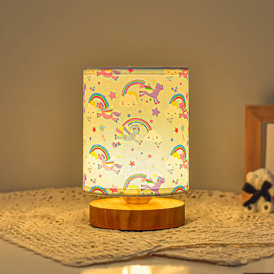 Contemporary Creative Kids USB Wood & Fabric Cartoon Pattern Column Table Lamp Night Light For Bedside