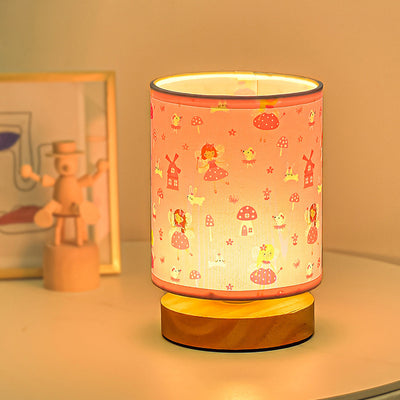 Contemporary Creative Kids USB Wood & Fabric Cartoon Pattern Column Table Lamp Night Light For Bedside