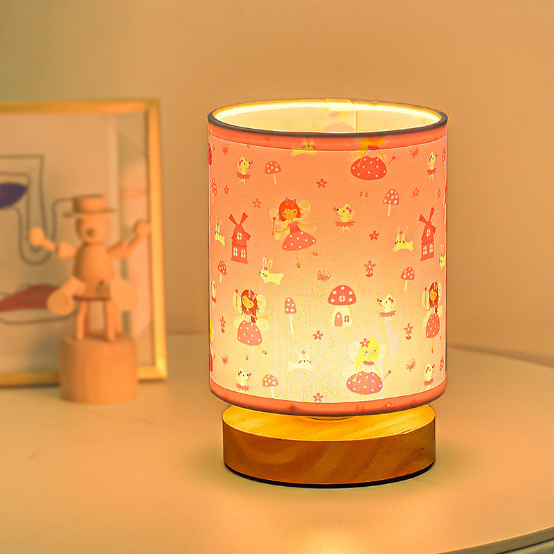 Contemporary Creative Kids USB Wood & Fabric Cartoon Pattern Column Table Lamp Night Light For Bedside