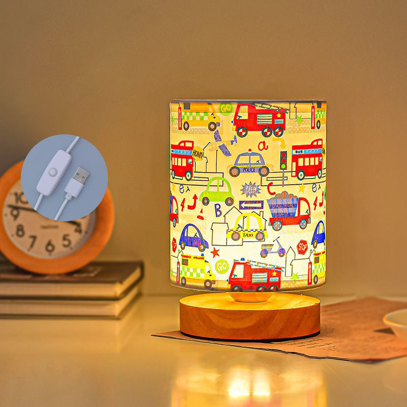 Contemporary Creative Kids USB Wood & Fabric Cartoon Pattern Column Table Lamp Night Light For Bedside