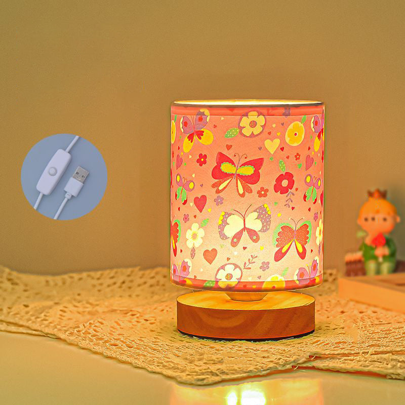 Contemporary Creative Kids USB Wood & Fabric Cartoon Pattern Column Table Lamp Night Light For Bedside