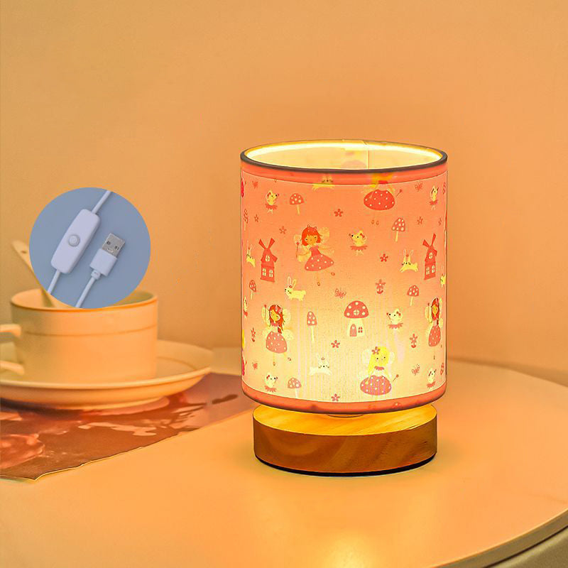 Contemporary Creative Kids USB Wood & Fabric Cartoon Pattern Column Table Lamp Night Light For Bedside