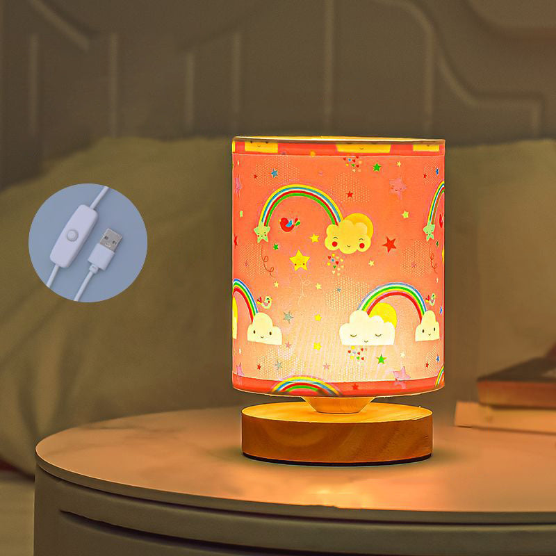 Contemporary Creative Kids USB Wood & Fabric Cartoon Pattern Column Table Lamp Night Light For Bedside