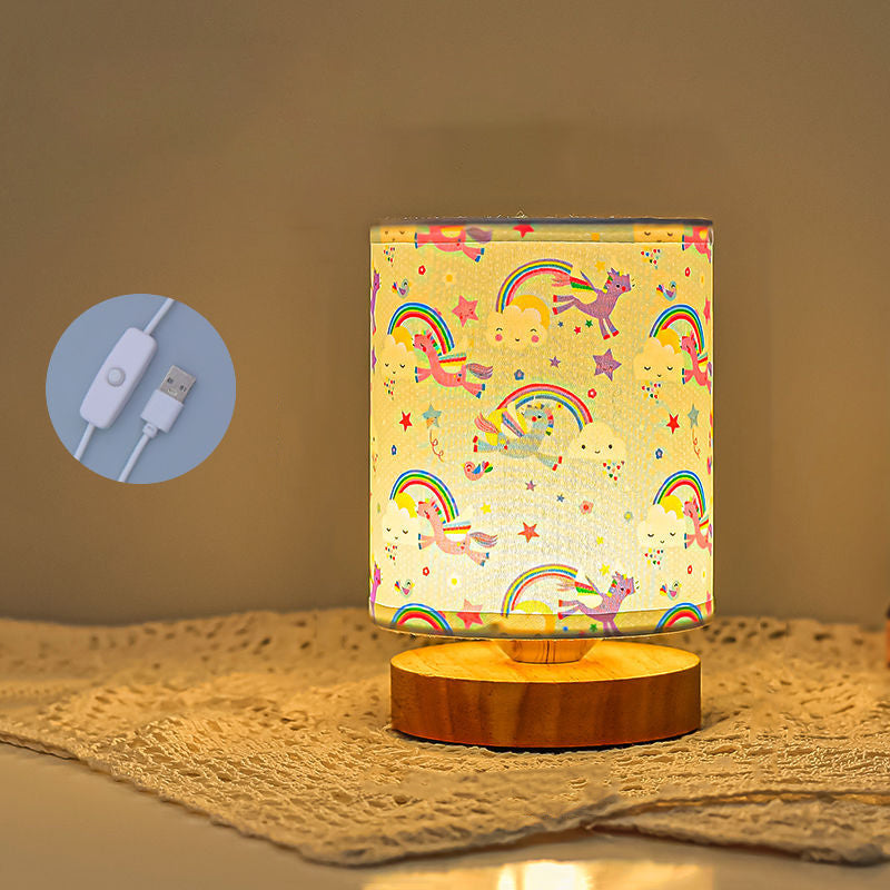 Contemporary Creative Kids USB Wood & Fabric Cartoon Pattern Column Table Lamp Night Light For Bedside