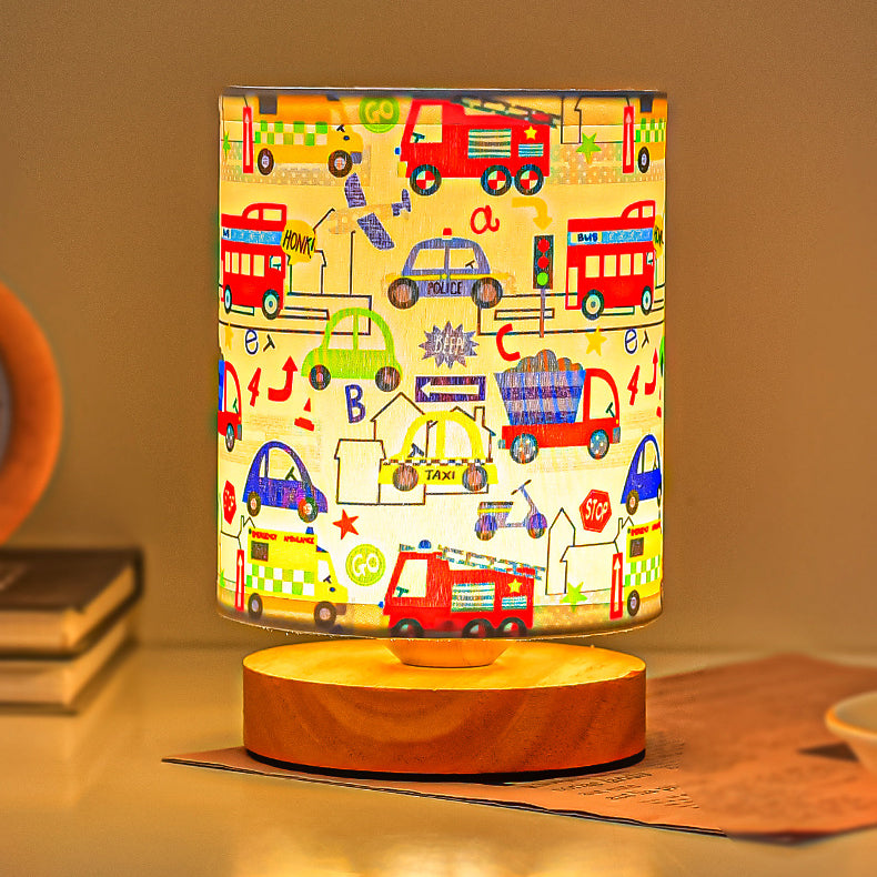 Contemporary Creative Kids USB Wood & Fabric Cartoon Pattern Column Table Lamp Night Light For Bedside