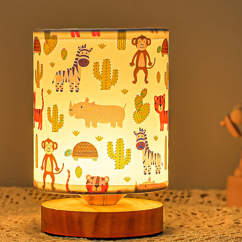 Contemporary Creative Kids USB Wood & Fabric Cartoon Pattern Column Table Lamp Night Light For Bedside