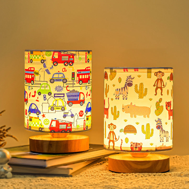 Contemporary Creative Kids USB Wood & Fabric Cartoon Pattern Column Table Lamp Night Light For Bedside