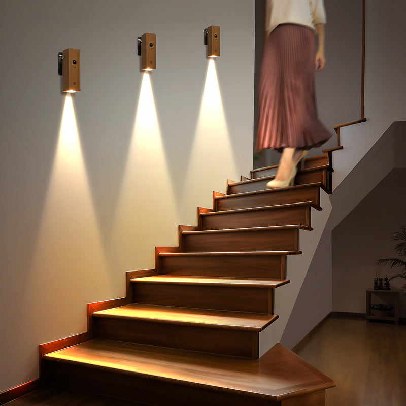 Contemporary Nordic Rechargeable Rotatable Motion Sensor Solid Wood Acrylic Cylinder LED Wall Sconce Lamp Spotlight For Bedroom & Hallway