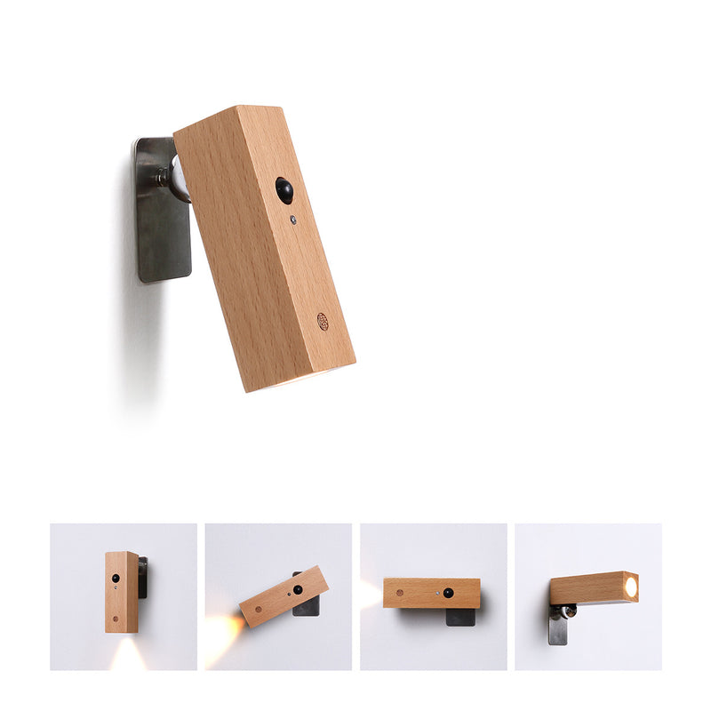 Contemporary Nordic Rechargeable Rotatable Motion Sensor Solid Wood Acrylic Cylinder LED Wall Sconce Lamp Spotlight For Bedroom & Hallway