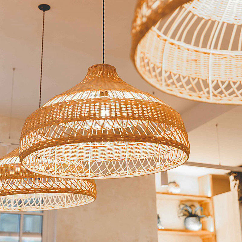 Traditional Farmhouse Weaving Rattan Hollow Cone 1-Light Pendant Light For Dining Room