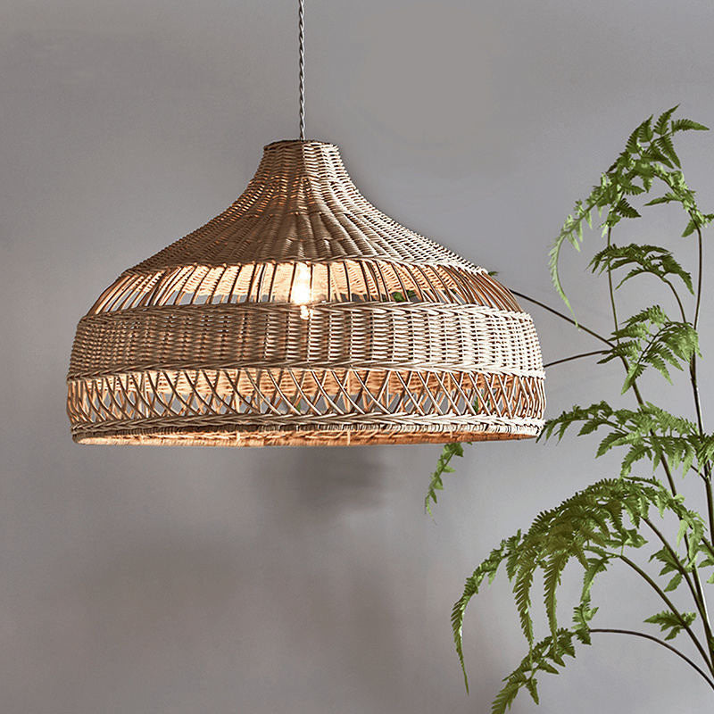 Traditional Farmhouse Weaving Rattan Hollow Cone 1-Light Pendant Light For Dining Room