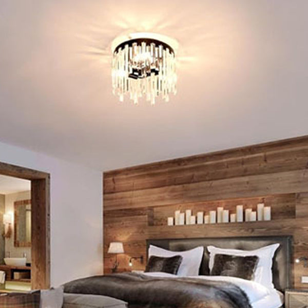 Contemporary Nordic Crystal Metal Round 3-Light Semi-Flush Mount Ceiling Light For Hallway & Bedroom