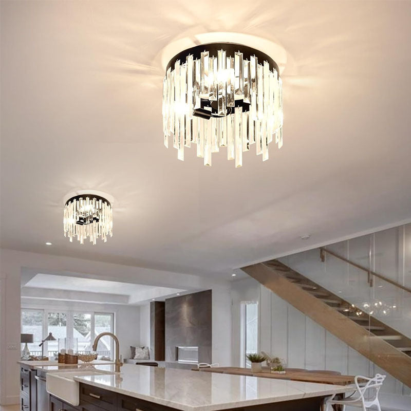 Contemporary Nordic Crystal Metal Round 3-Light Semi-Flush Mount Ceiling Light For Hallway & Bedroom