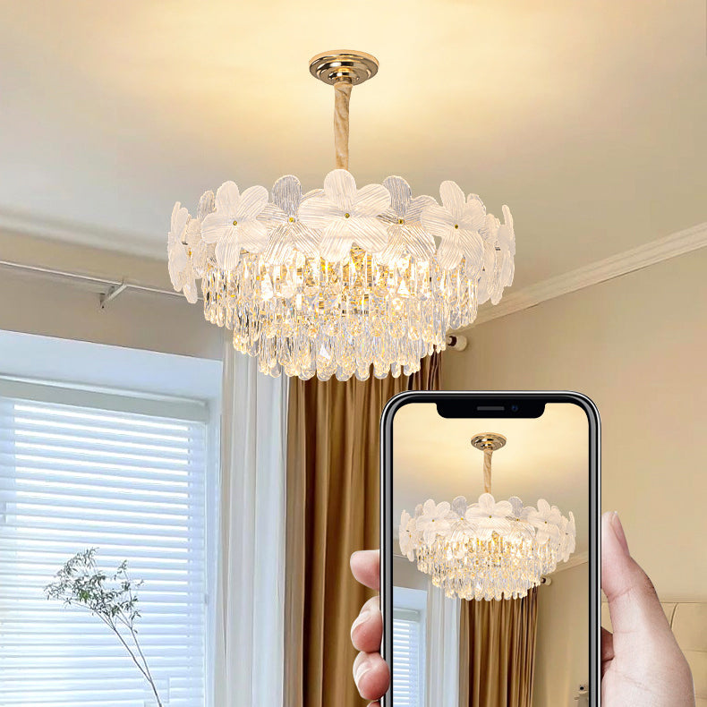 Traditional French Crystal Glass Iron Frosted Floral 8/10/12/21/25-Light Chandelier Ideal For Bedroom And Dining Room