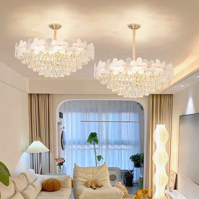 Traditional French Crystal Glass Iron Frosted Floral 8/10/12/21/25-Light Chandelier Ideal For Bedroom And Dining Room