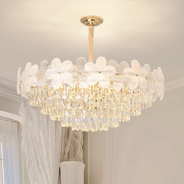 Traditional French Crystal Glass Iron Frosted Floral 8/10/12/21/25-Light Chandelier Ideal For Bedroom And Dining Room