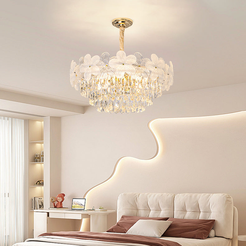 伝統的なフランスのクリスタルガラスアイアンフロストフローラル8/10/12/21/25ライトシャンデリア、寝室とダイニングルームに理想的 