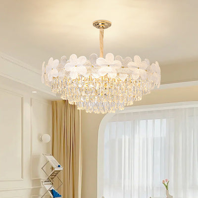 Traditional French Crystal Glass Iron Frosted Floral 8/10/12/21/25-Light Chandelier Ideal For Bedroom And Dining Room