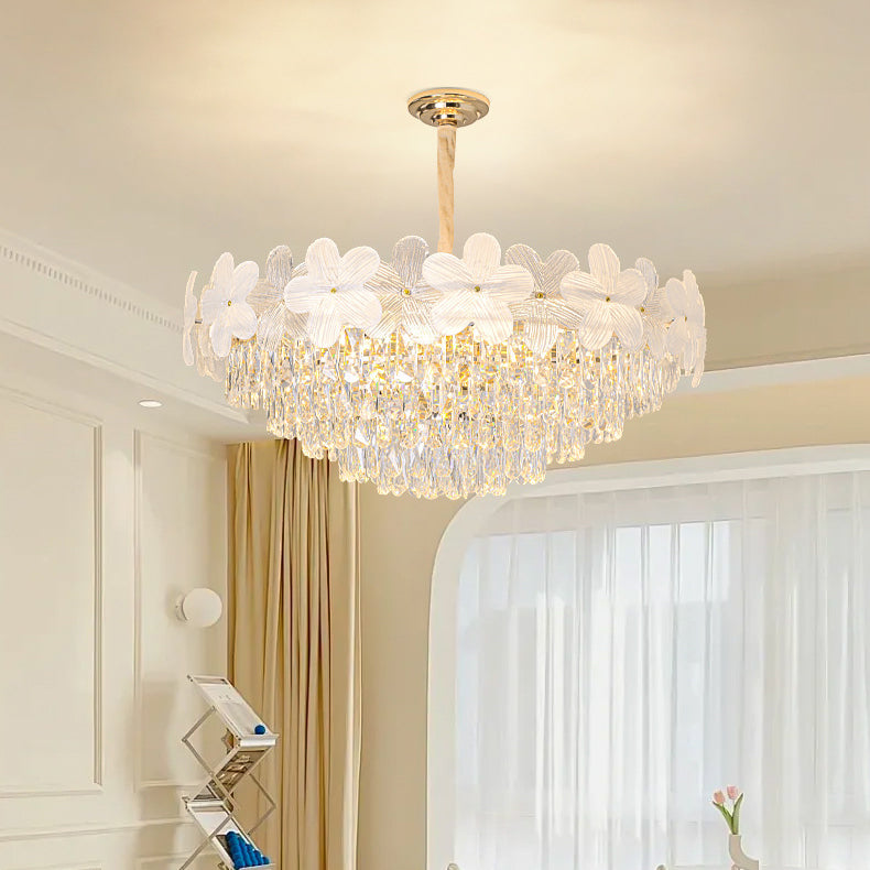 Traditional French Crystal Glass Iron Frosted Floral 8/10/12/21/25-Light Chandelier Ideal For Bedroom And Dining Room