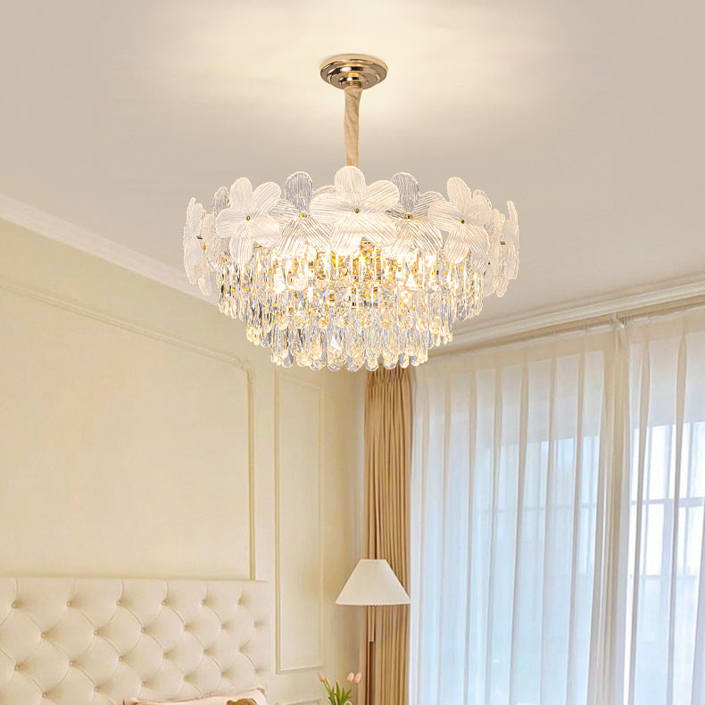 Traditional French Crystal Glass Iron Frosted Floral 8/10/12/21/25-Light Chandelier Ideal For Bedroom And Dining Room
