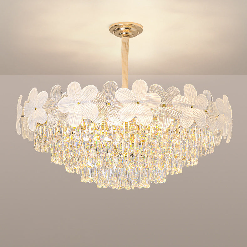 Traditional French Crystal Glass Iron Frosted Floral 8/10/12/21/25-Light Chandelier Ideal For Bedroom And Dining Room