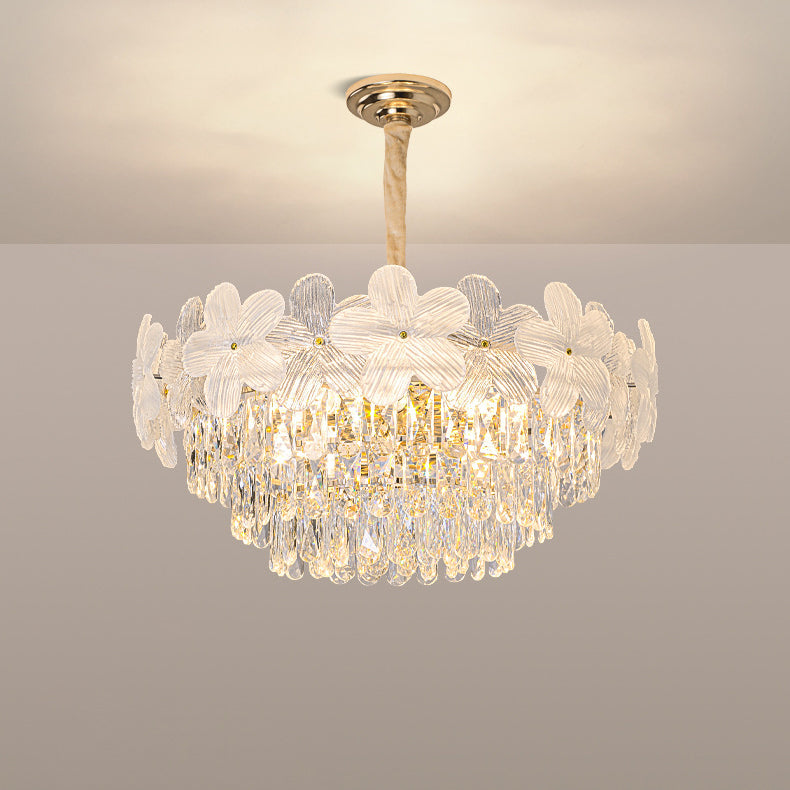 Traditional French Crystal Glass Iron Frosted Floral 8/10/12/21/25-Light Chandelier Ideal For Bedroom And Dining Room